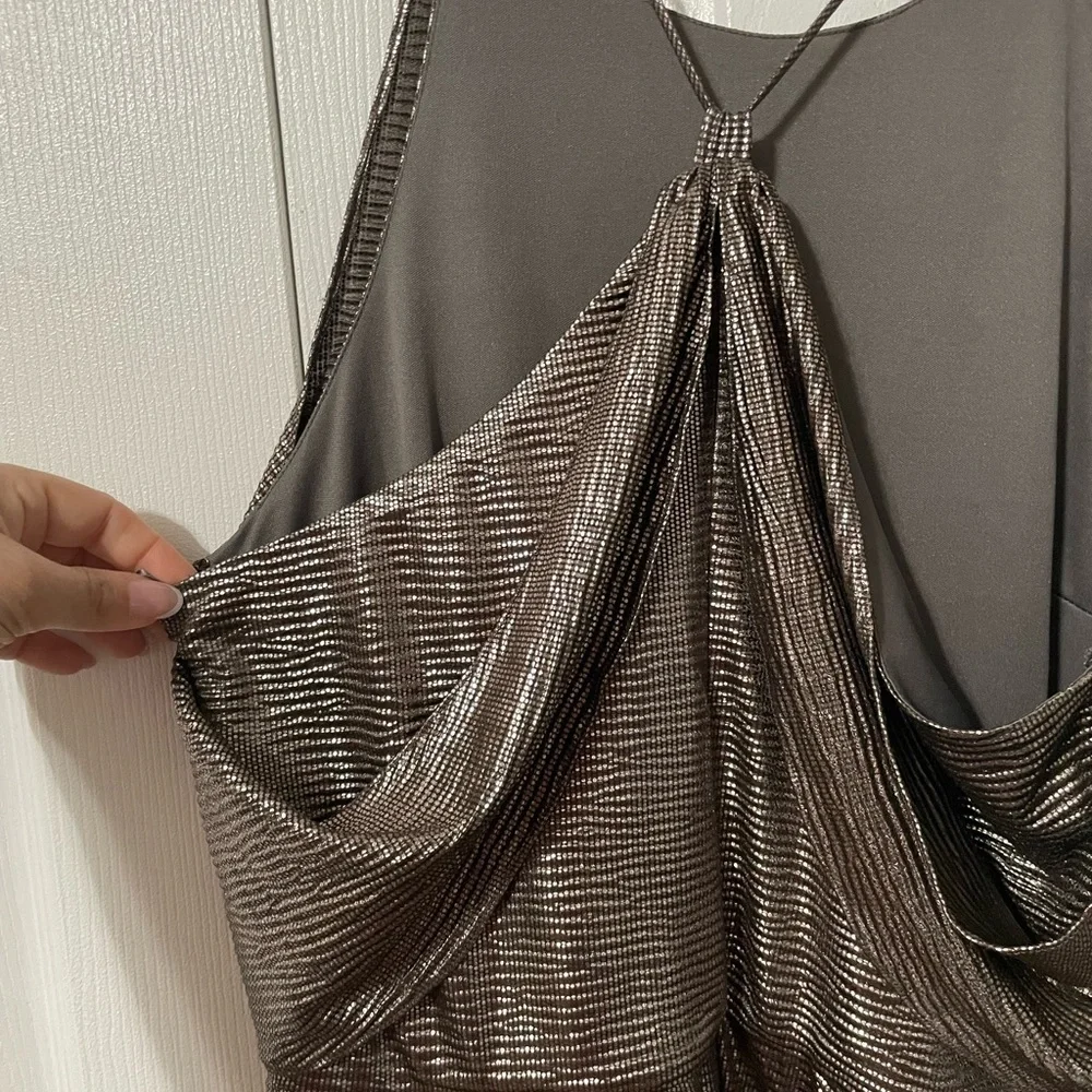 Halston Women’s Hi low Drape Metallic Gunmetal Racer back Midi dress size 8 - Picture 5 of 16